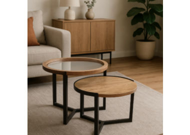 סט שולחנות עגולים מעץ וזכוכית