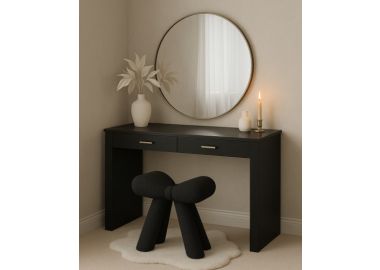 שידת איפור יוקרתית בגוון שחור מט כולל מראה עגולה זהב