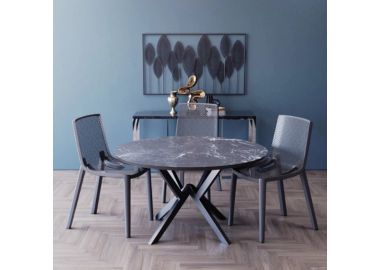 פינת אוכל עגולה בגוון גרניט שחור דגם רומא + 4 כסאות בגוון אפור