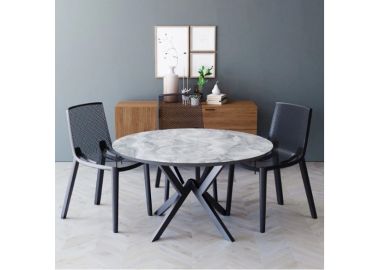 פינת אוכל עגולה בגוון שיש אפור דגם פירנצה עם 4 כסאות בגוון לבן