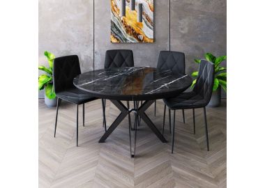 פינת אוכל עגולה נפתחת + 4 כסאות דגם גרניט בגוון שחור