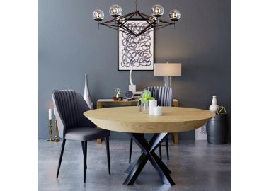 פינת אוכל עגולה נפתחת עץ טבעי + 4 כסאות דמוי עור דגם ונוס גוון אפור