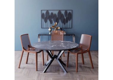 פינת אוכל עגולה בגוון גרניט שחור דגם רומא + 4 כסאות בגוון חום