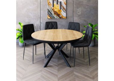 פינת אוכל עגולה נפתחת + 4 כסאות דגם גרניט בגוון עץ טבעי