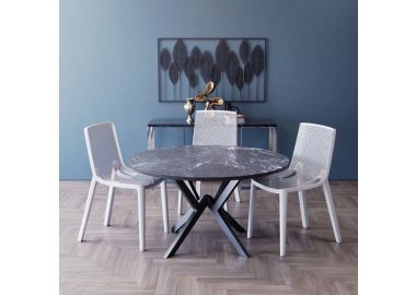 פינת אוכל עגולה בגוון גרניט שחור דגם רומא + 4 כסאות בגוון לבן