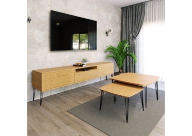 סט מזנון 180 ס"מ + זוג שולחנות איכותיים דגם שוויץ עץ טבעי