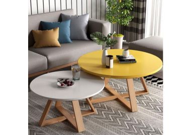 זוג שולחנות סלון עגולים דגם ונוס צהוב בשילוב לבן