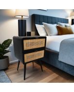 שידת לילה 2 מגירות מלמין בשילוב ראטן בגוון שחור דגם קאדו